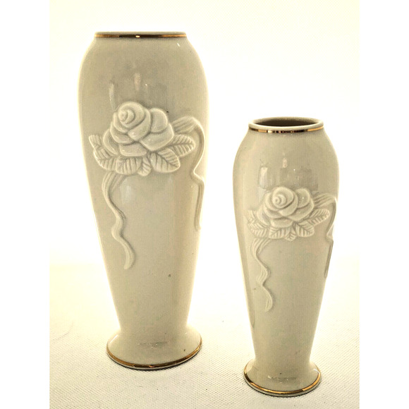 Vase-Lenox-Cream-Gold Trim-Embossed-Classic-Set of 2-Small and Medium - Picture 1 of 8